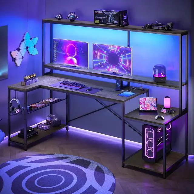 Alt view image 3 of 7 - Bestier 71.5 Computer Desk, Gaming Desk with Long Monitor Stand and Hutch, Large L Shaped Corner Desk with Storage Shelf & Printer Stand Headset Hooks, Gamer Desk, Grey Oak