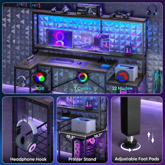 Alt view image 5 of 7 - Bestier 71.5 Computer Desk, Gaming Desk with Long Monitor Stand and Hutch, Large L Shaped Corner Desk with Storage Shelf & Printer Stand Headset Hooks, Gamer Desk, Grey Oak