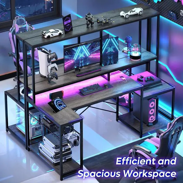 Alt view image 7 of 7 - Bestier 71.5 Computer Desk, Gaming Desk with Long Monitor Stand and Hutch, Large L Shaped Corner Desk with Storage Shelf & Printer Stand Headset Hooks, Gamer Desk, Grey Oak