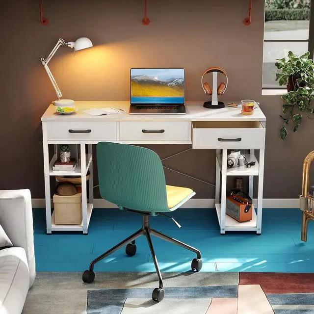 Alt view image 2 of 7 - ODK Office Small Computer Desk: Home Table with Fabric Drawers & Storage Shelves, Modern Writing Desk, White, 48"x16"