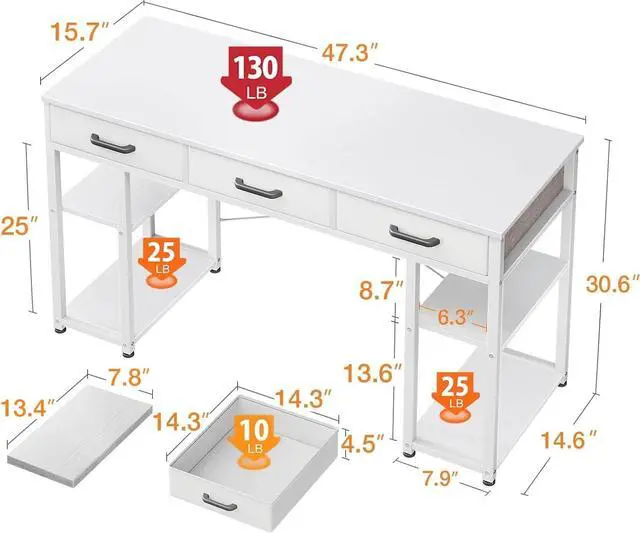 Alt view image 3 of 7 - ODK Office Small Computer Desk: Home Table with Fabric Drawers & Storage Shelves, Modern Writing Desk, White, 48"x16"