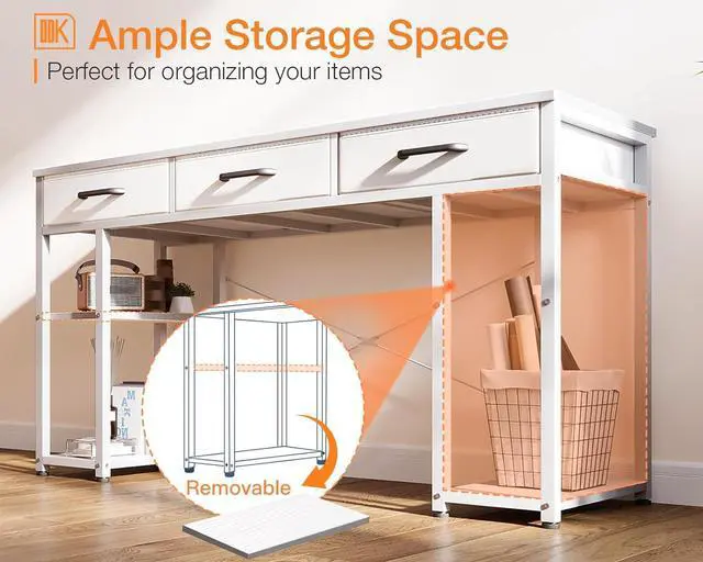 Alt view image 6 of 7 - ODK Office Small Computer Desk: Home Table with Fabric Drawers & Storage Shelves, Modern Writing Desk, White, 48"x16"