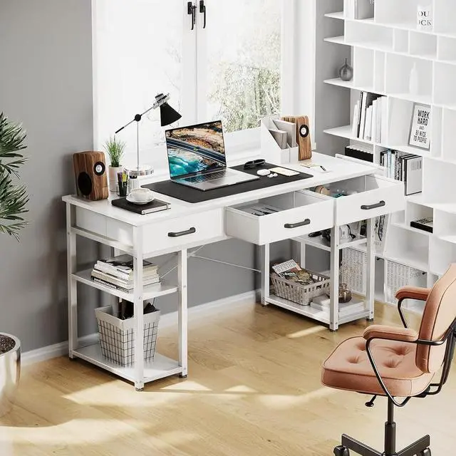 Alt view image 7 of 7 - ODK Office Small Computer Desk: Home Table with Fabric Drawers & Storage Shelves, Modern Writing Desk, White, 48"x16"