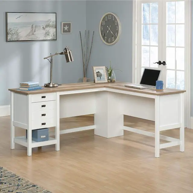 Alt view image 2 of 7 - Sauder Cottage Road L Shaped Desk Computer Desk with Drawers, Home Office Desk with Optional File Cabinet Storage, Cable Management, in Soft White Finish