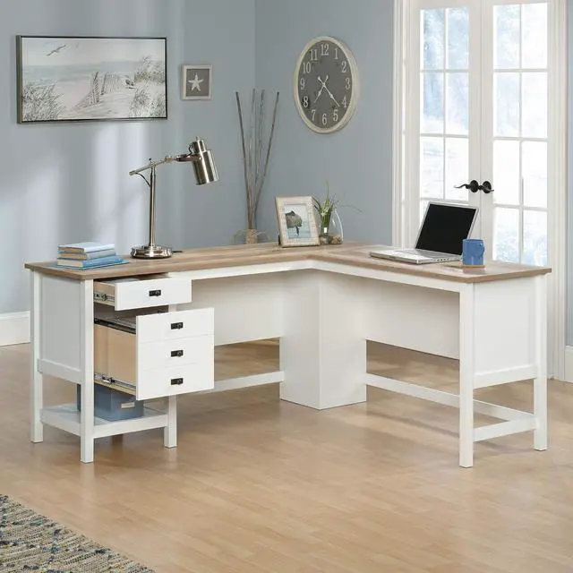 Alt view image 4 of 7 - Sauder Cottage Road L Shaped Desk Computer Desk with Drawers, Home Office Desk with Optional File Cabinet Storage, Cable Management, in Soft White Finish
