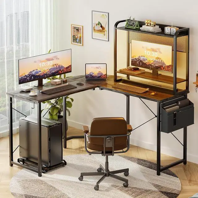 Alt view image 2 of 7 - Small L Shaped Gaming Desk with Power Outlets, Corner Gaming Desk with LED Light, Reversible L-Shaped Desk with Monitor Stand & Hutch, L Shaped Desk Home Office Desk with Storage Bag, Grey