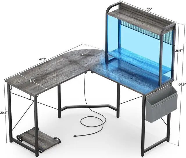 Alt view image 3 of 7 - Small L Shaped Gaming Desk with Power Outlets, Corner Gaming Desk with LED Light, Reversible L-Shaped Desk with Monitor Stand & Hutch, L Shaped Desk Home Office Desk with Storage Bag, Grey