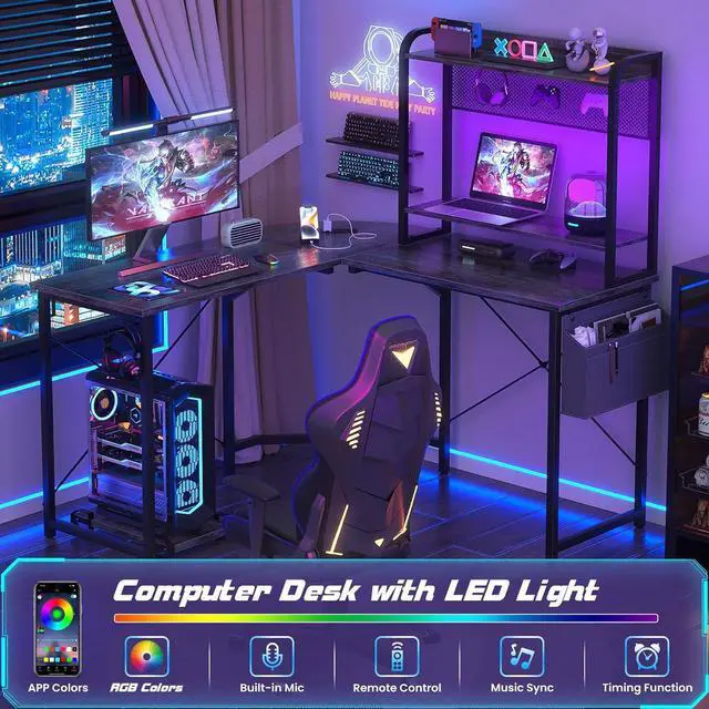 Alt view image 4 of 7 - Small L Shaped Gaming Desk with Power Outlets, Corner Gaming Desk with LED Light, Reversible L-Shaped Desk with Monitor Stand & Hutch, L Shaped Desk Home Office Desk with Storage Bag, Grey