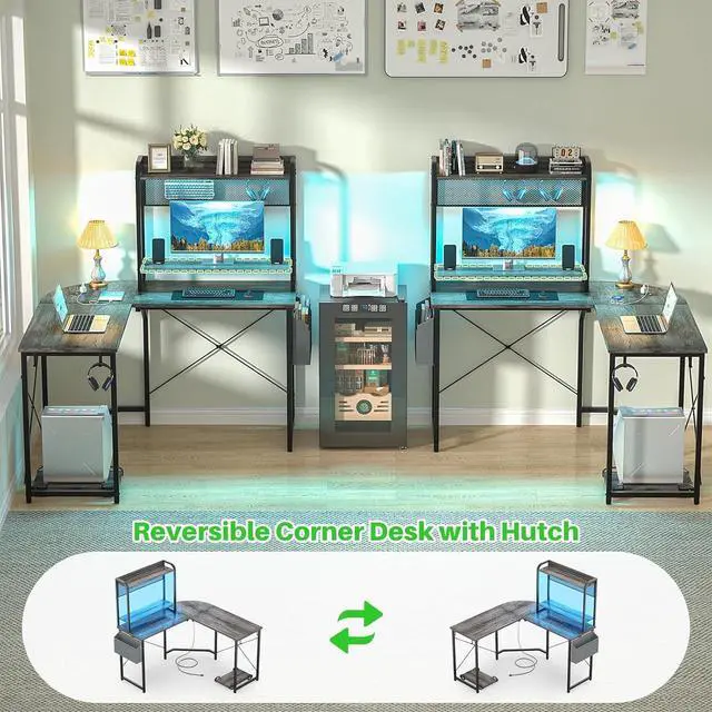 Alt view image 6 of 7 - Small L Shaped Gaming Desk with Power Outlets, Corner Gaming Desk with LED Light, Reversible L-Shaped Desk with Monitor Stand & Hutch, L Shaped Desk Home Office Desk with Storage Bag, Grey