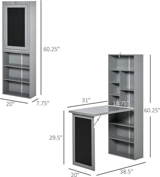 Alt view image 3 of 7 - HOMCOM Fold-Out Convertible Writing Table Wall Mount Desk Cabinet with Blackboard and Side Shelf Multi-Function Home Office Workstation, Grey
