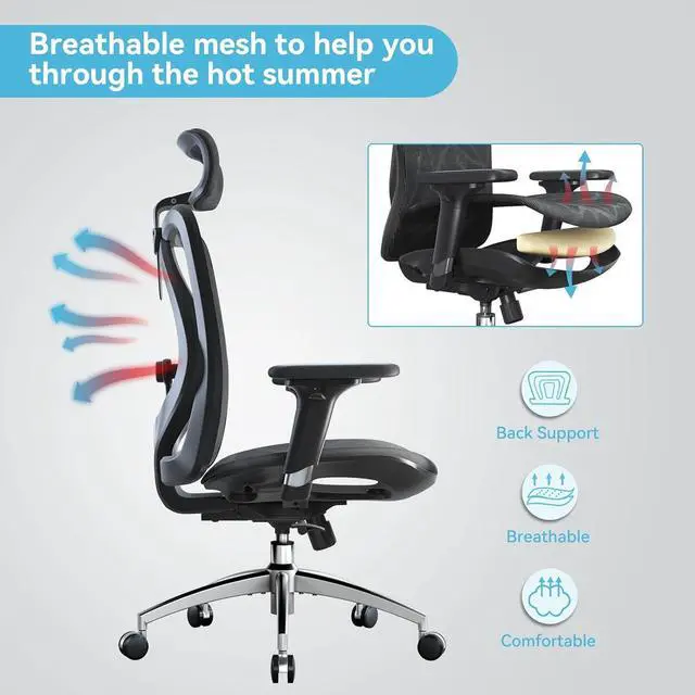 Alt view image 4 of 7 - SIHOO M57 Ergonomic Office Chair with 3 Way Armrests Lumbar Support and Adjustable Headrest High Back with Tilt Function (Black)