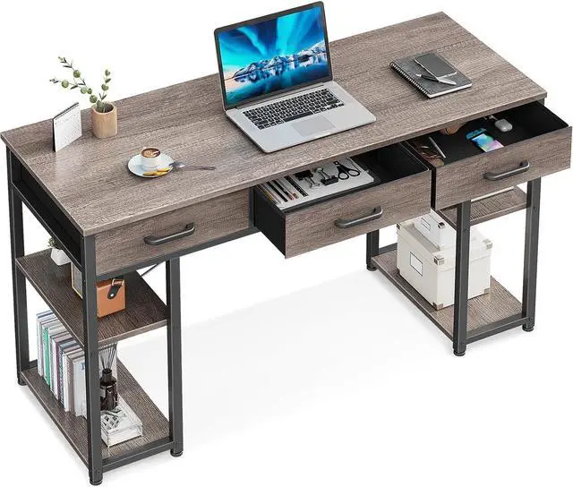 Main image of ODK Office Small Computer Desk: Home Table with Fabric Drawers & Storage Shelves, Modern Writing Desk, Grey Oak, 48"x16"