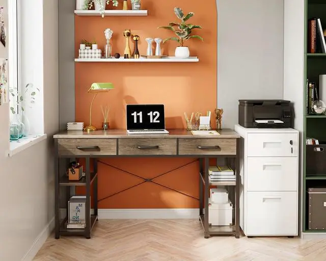 Alt view image 2 of 7 - ODK Office Small Computer Desk: Home Table with Fabric Drawers & Storage Shelves, Modern Writing Desk, Grey Oak, 48"x16"