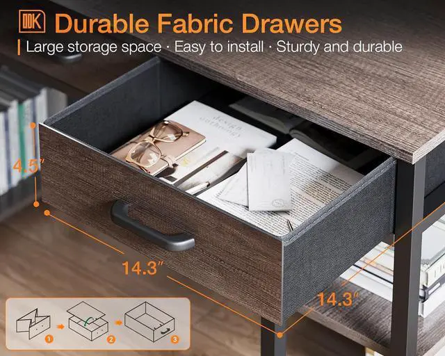 Alt view image 4 of 7 - ODK Office Small Computer Desk: Home Table with Fabric Drawers & Storage Shelves, Modern Writing Desk, Grey Oak, 48"x16"