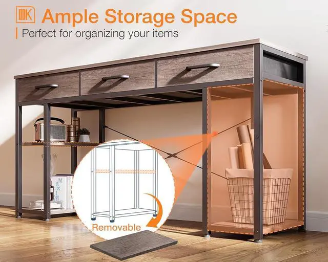 Alt view image 5 of 7 - ODK Office Small Computer Desk: Home Table with Fabric Drawers & Storage Shelves, Modern Writing Desk, Grey Oak, 48"x16"