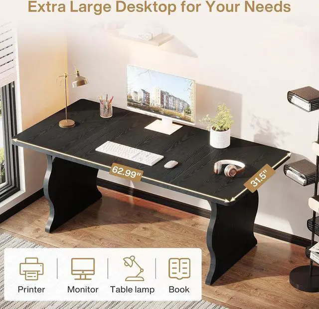 Alt view image 5 of 7 - Tribesigns 63-Inch Large Executive Desk, Modern Computer Office Desk Workstation, Double PC Gaming Writing Table Home Office Desk with Sturdy Legs,Black