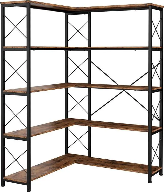 Main image of IRONCK 5-Shelf Corner Bookcase, Vintage Industrial Corner Bookshelf Etagere Bookcase, 5 Tiers Corner Shelf Storage Rack with Metal Frame for Living Room Home Office