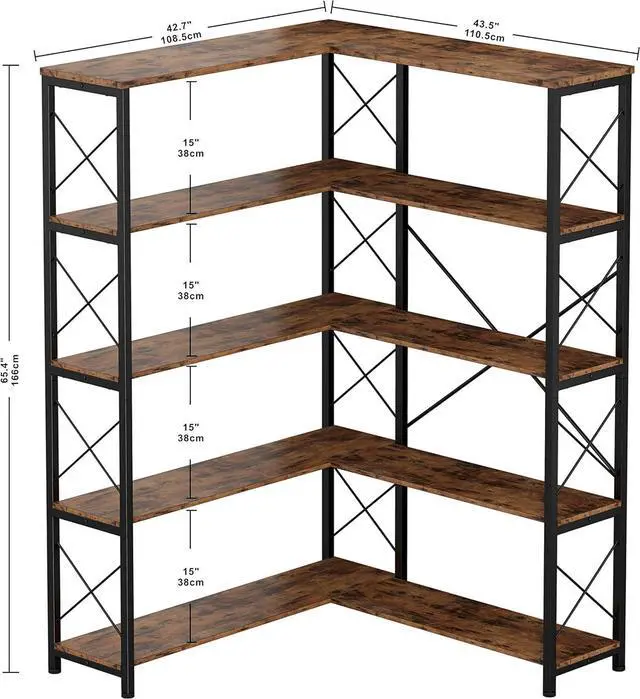 Alt view image 3 of 7 - IRONCK 5-Shelf Corner Bookcase, Vintage Industrial Corner Bookshelf Etagere Bookcase, 5 Tiers Corner Shelf Storage Rack with Metal Frame for Living Room Home Office