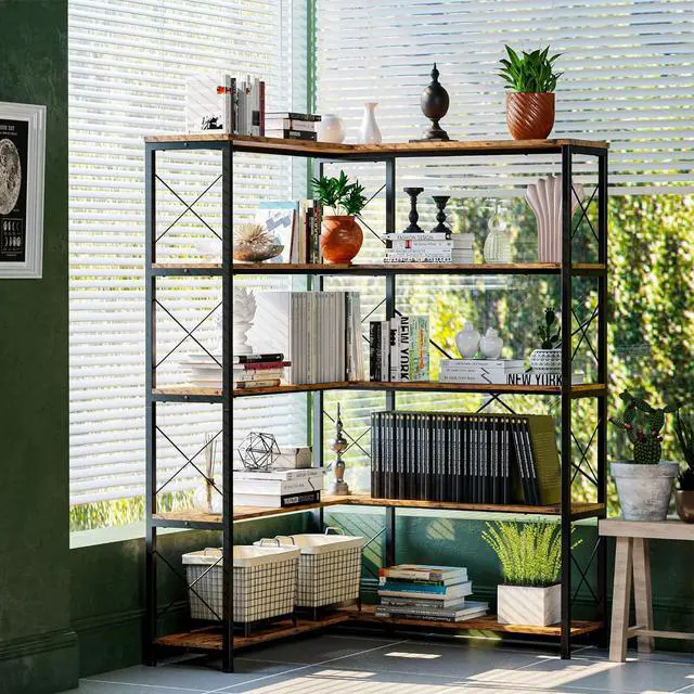 Alt view image 4 of 7 - IRONCK 5-Shelf Corner Bookcase, Vintage Industrial Corner Bookshelf Etagere Bookcase, 5 Tiers Corner Shelf Storage Rack with Metal Frame for Living Room Home Office