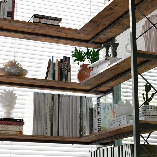 Alt view image 7 of 7 - IRONCK 5-Shelf Corner Bookcase, Vintage Industrial Corner Bookshelf Etagere Bookcase, 5 Tiers Corner Shelf Storage Rack with Metal Frame for Living Room Home Office