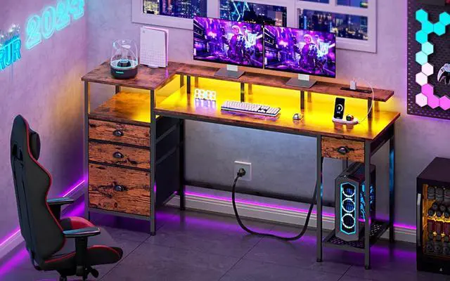 Alt view image 2 of 7 - Furologee Computer Desk with 4 Drawers, 60" Office Long Desk with Fabric File Cabinet and Power Outlets, Gaming Desk with LED Lights, Study Writing Work Desk for Home Office, Rustic Brown