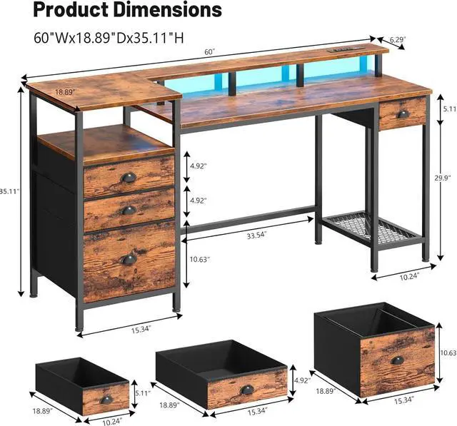 Alt view image 3 of 7 - Furologee Computer Desk with 4 Drawers, 60" Office Long Desk with Fabric File Cabinet and Power Outlets, Gaming Desk with LED Lights, Study Writing Work Desk for Home Office, Rustic Brown