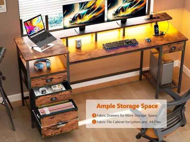 Alt view image 4 of 7 - Furologee Computer Desk with 4 Drawers, 60" Office Long Desk with Fabric File Cabinet and Power Outlets, Gaming Desk with LED Lights, Study Writing Work Desk for Home Office, Rustic Brown
