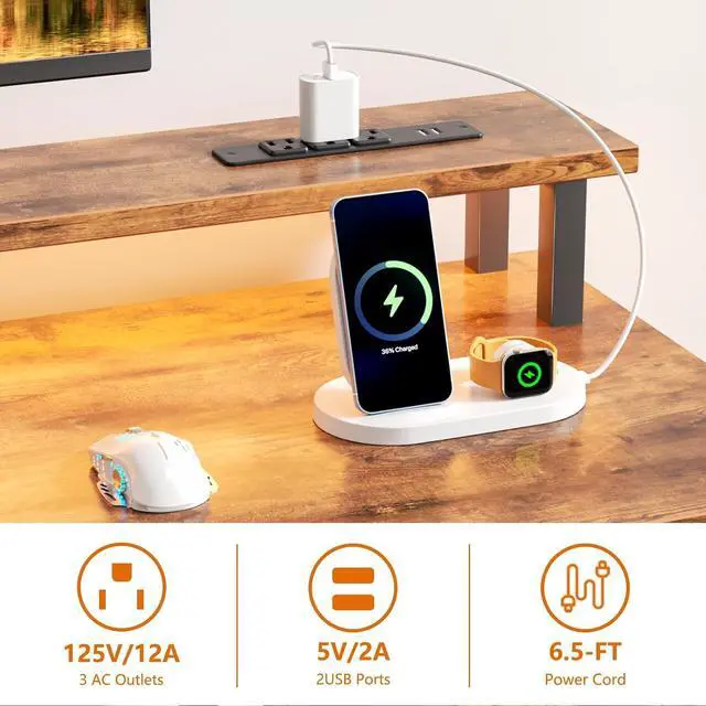 Alt view image 5 of 7 - Furologee Computer Desk with 4 Drawers, 60" Office Long Desk with Fabric File Cabinet and Power Outlets, Gaming Desk with LED Lights, Study Writing Work Desk for Home Office, Rustic Brown