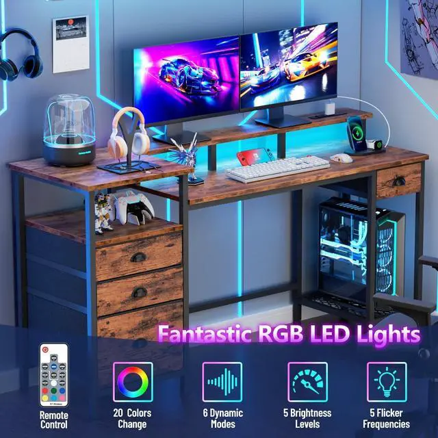 Alt view image 6 of 7 - Furologee Computer Desk with 4 Drawers, 60" Office Long Desk with Fabric File Cabinet and Power Outlets, Gaming Desk with LED Lights, Study Writing Work Desk for Home Office, Rustic Brown