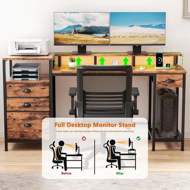 Alt view image 7 of 7 - Furologee Computer Desk with 4 Drawers, 60" Office Long Desk with Fabric File Cabinet and Power Outlets, Gaming Desk with LED Lights, Study Writing Work Desk for Home Office, Rustic Brown