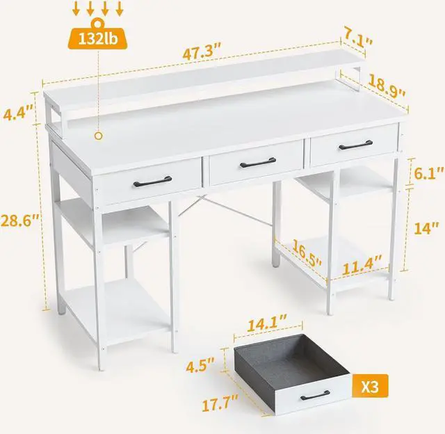 Alt view image 3 of 7 - CubiCubi 47 Inch Computer Desk with 3 Drawers and Storage Shelves, Small Home Office Desk with Monitor Stand, Study Writing Table for Bedroom, White