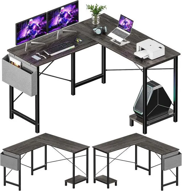 Main image of Sweetcrispy L Shaped Gaming Desk, Computer Corner Table PC Gaming with CPU Stand Side Bag for Home Office Dorm Sturdy Writing Workstation, Grey, 50 Inch