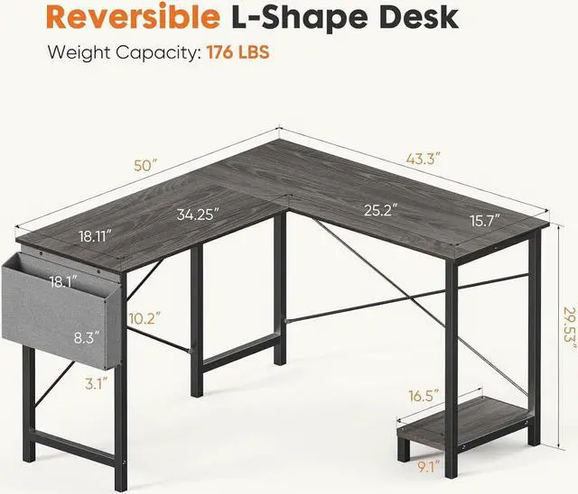 Alt view image 3 of 7 - Sweetcrispy L Shaped Gaming Desk, Computer Corner Table PC Gaming with CPU Stand Side Bag for Home Office Dorm Sturdy Writing Workstation, Grey, 50 Inch