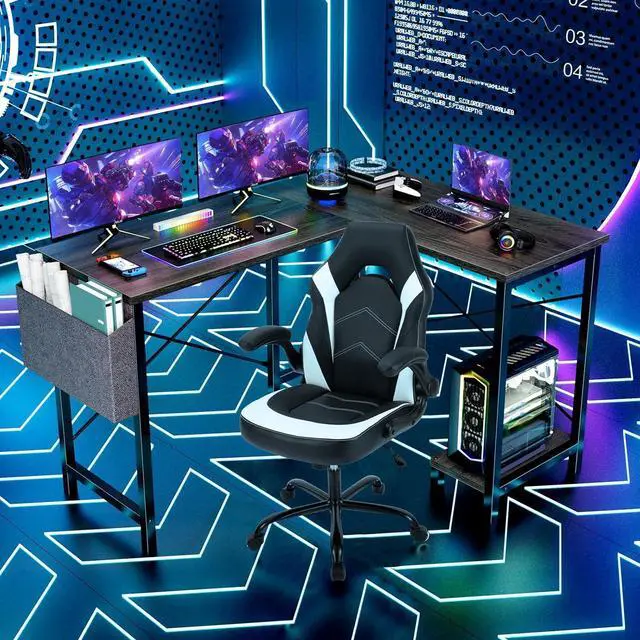 Alt view image 5 of 7 - Sweetcrispy L Shaped Gaming Desk, Computer Corner Table PC Gaming with CPU Stand Side Bag for Home Office Dorm Sturdy Writing Workstation, Grey, 50 Inch