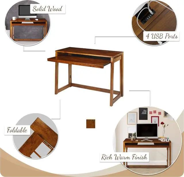 Alt view image 4 of 6 - Casual Home Pull-Out & USB Port Folding Desk, Warm Brown (New)