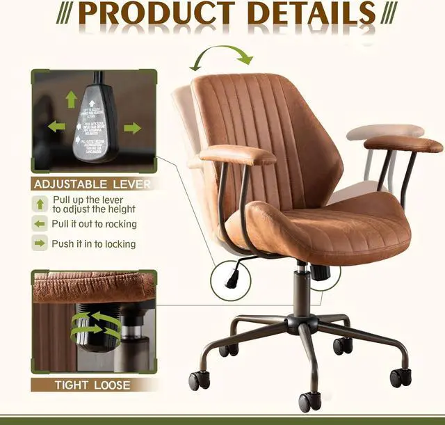 Alt view image 5 of 7 - High Back Office Chair,Modern Swivel Office Chair,Brown Suede Fabric Gaming Chair,Height Adjustable Home Office Desk Chair with Lumbar Support