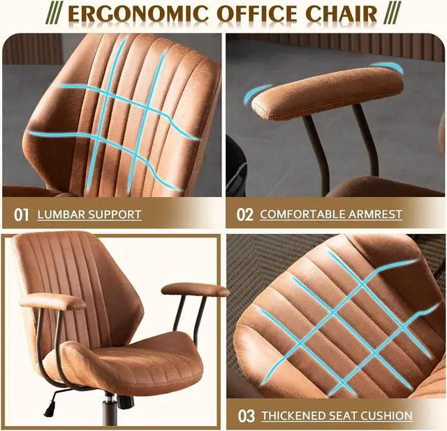 Alt view image 7 of 7 - High Back Office Chair,Modern Swivel Office Chair,Brown Suede Fabric Gaming Chair,Height Adjustable Home Office Desk Chair with Lumbar Support