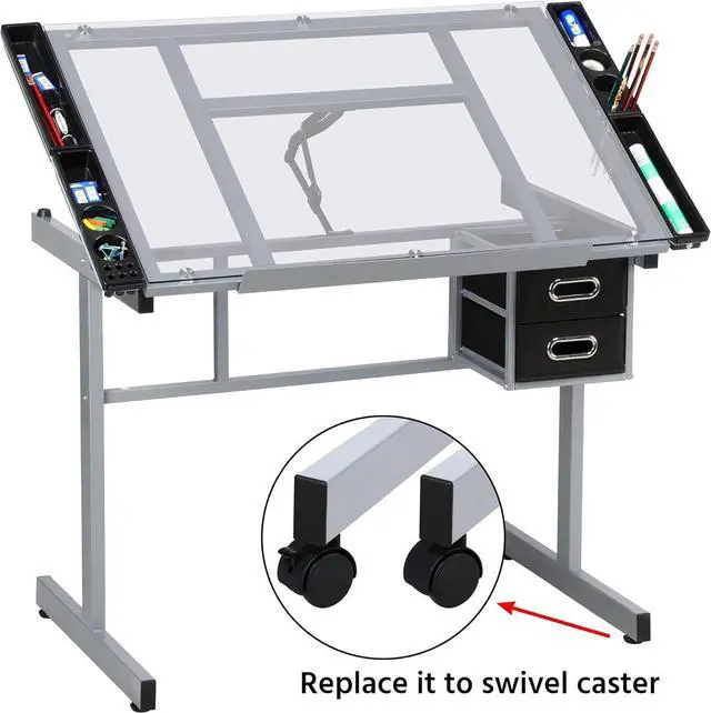 Alt view image 7 of 7 - Yaheetech Drawing Desk Adjustable Glass Drafting Study Table for Diamond/Versatile Art Craft Station w/ 2 Slide Rolling Wheels and Drawers for Artist Painters Home Office