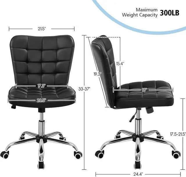 Alt view image 3 of 7 - Yaheetech Armless Desk Chair Modern Tufted Office Chair Faux Leather Upholstered Computer Chair with Adjustable Seat Height and Rolling Wheels for Home/Office, Black
