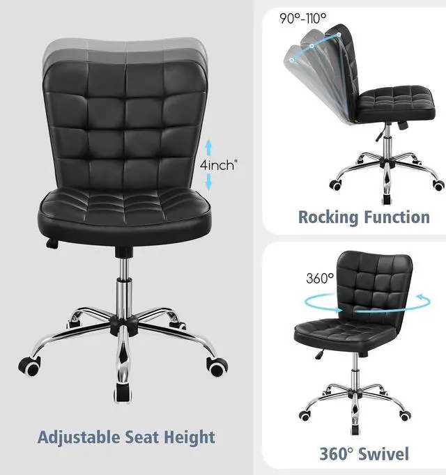Alt view image 5 of 7 - Yaheetech Armless Desk Chair Modern Tufted Office Chair Faux Leather Upholstered Computer Chair with Adjustable Seat Height and Rolling Wheels for Home/Office, Black