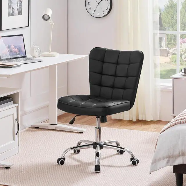 Alt view image 2 of 7 - Yaheetech Armless Desk Chair Modern Tufted Office Chair Faux Leather Upholstered Computer Chair with Adjustable Seat Height and Rolling Wheels for Home/Office, Black