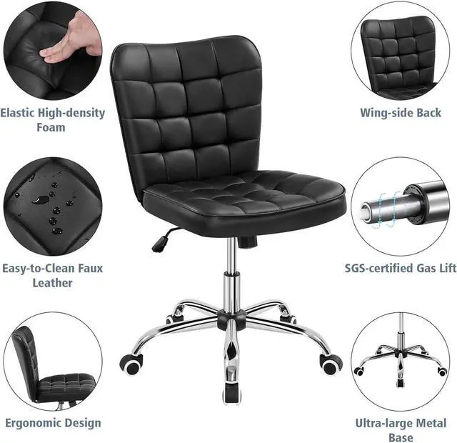 Alt view image 6 of 7 - Yaheetech Armless Desk Chair Modern Tufted Office Chair Faux Leather Upholstered Computer Chair with Adjustable Seat Height and Rolling Wheels for Home/Office, Black