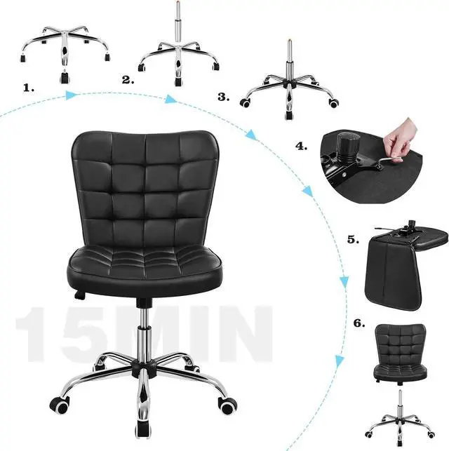 Alt view image 7 of 7 - Yaheetech Armless Desk Chair Modern Tufted Office Chair Faux Leather Upholstered Computer Chair with Adjustable Seat Height and Rolling Wheels for Home/Office, Black