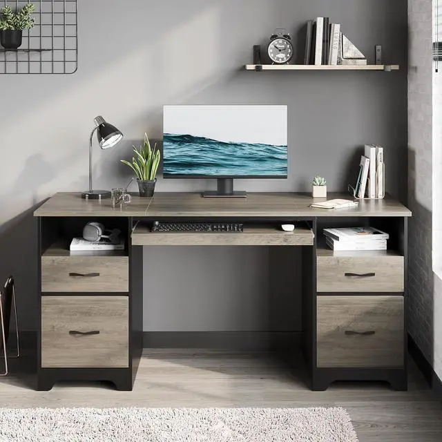 Alt view image 2 of 7 - Bestier 59 Computer Desk with 4 Drawers, Office Desk with Storage, Industrial Executive Desk with File Drawer, Keyboard Tray & 2 Pedestals on Both Sides for Home Office & Studio, Grey