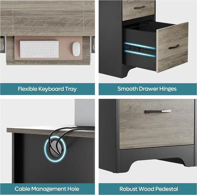 Alt view image 6 of 7 - Bestier 59 Computer Desk with 4 Drawers, Office Desk with Storage, Industrial Executive Desk with File Drawer, Keyboard Tray & 2 Pedestals on Both Sides for Home Office & Studio, Grey