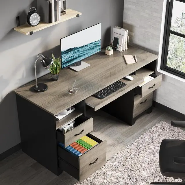 Alt view image 7 of 7 - Bestier 59 Computer Desk with 4 Drawers, Office Desk with Storage, Industrial Executive Desk with File Drawer, Keyboard Tray & 2 Pedestals on Both Sides for Home Office & Studio, Grey