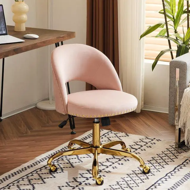 Main image of VINGLI Modern Velvet Small Office Chair,Cute Desk Chair with Wheels,Gold Base/Studs, Comfy Armless Swivel Vanity Task Chair for Women/Girl/Kids, Nail Tech Chair for Bedroom,Small Space,Pink