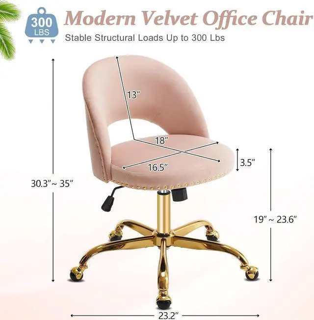 Alt view image 2 of 7 - VINGLI Modern Velvet Small Office Chair,Cute Desk Chair with Wheels,Gold Base/Studs, Comfy Armless Swivel Vanity Task Chair for Women/Girl/Kids, Nail Tech Chair for Bedroom,Small Space,Pink