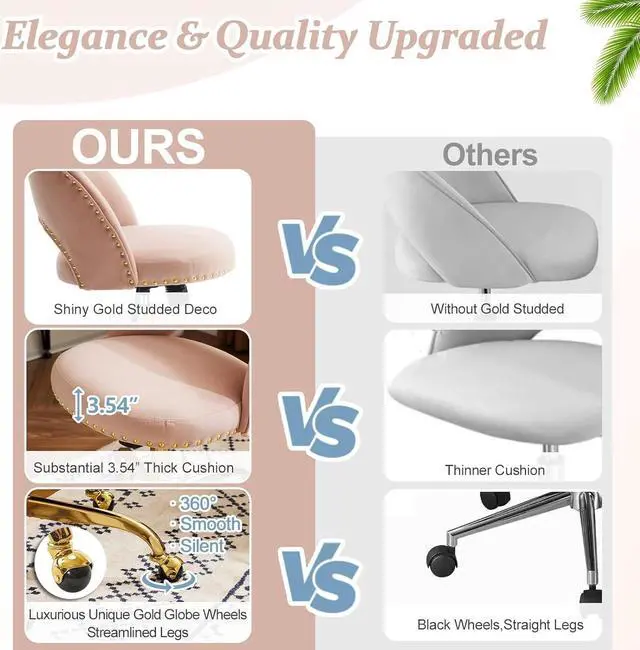 Alt view image 3 of 7 - VINGLI Modern Velvet Small Office Chair,Cute Desk Chair with Wheels,Gold Base/Studs, Comfy Armless Swivel Vanity Task Chair for Women/Girl/Kids, Nail Tech Chair for Bedroom,Small Space,Pink
