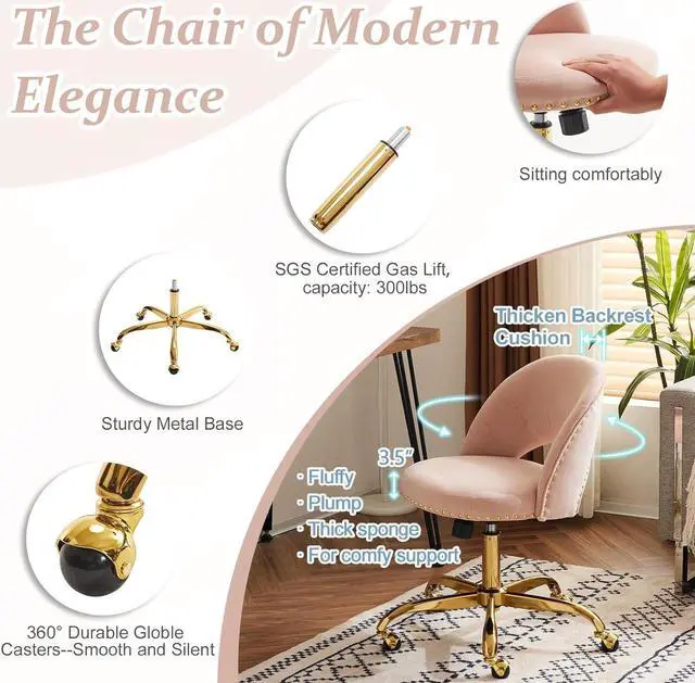 Alt view image 4 of 7 - VINGLI Modern Velvet Small Office Chair,Cute Desk Chair with Wheels,Gold Base/Studs, Comfy Armless Swivel Vanity Task Chair for Women/Girl/Kids, Nail Tech Chair for Bedroom,Small Space,Pink